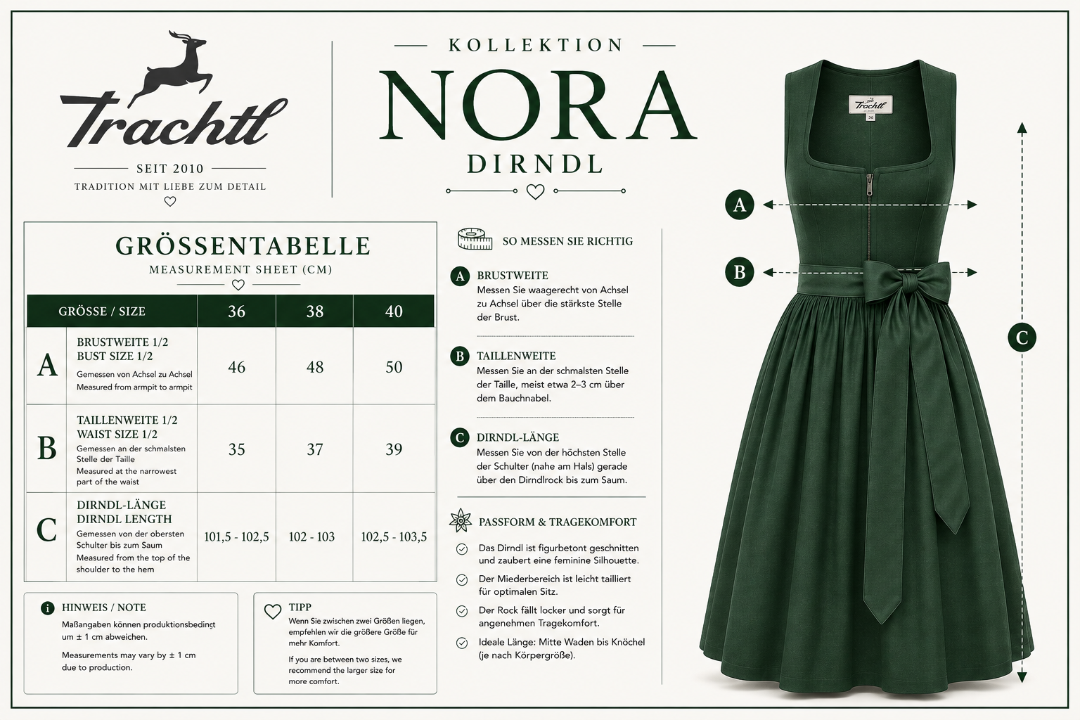 Größentabelle für das Trachtl Dirndl Nora mit den Größen 36, 38 und 40 sowie Angaben zu Brustweite, Taillenweite und Dirndl-Länge und einer Darstellung der Messpunkte A, B und C.